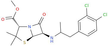 (2S,5R,6R)-2-carbomethoxy-6-(2-(3,4-dichlorophenyl)-1-methylethyl-amino)-3,3-dimethyl-7-oxo-4-thia-1-azabicyclo[3.2.0]heptane.png