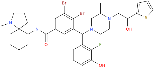 3%2C4-dibromo-5-%5B(2-fluoro-3-hydroxyphenyl)(%7B4-%5B2-hydroxy-2-(thiophen-2-yl)ethyl%5D-3-methylpiperazin-1-yl%7D)methyl%5D-N-methyl-N-%7B1-methyl-1-azaspiro%5B4.5%5Ddecan-6-yl%7Dbenzamide.png