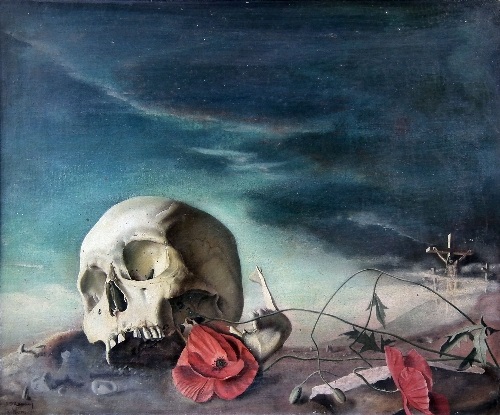 dennis-ramsay-still-life-with-skull,-poppies-and-crucifixion-scene-to-horizon---symbolic-of-the-first-world-war.jpg
