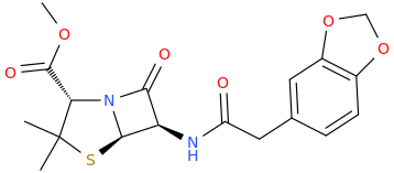 (2S,5R,6R)-2-carbomethoxy-3,3-dimethyl-7-oxo-6-[2-(1,3-benzodioxole-5-yl)-1-oxo-ethylamino]-4-thia-1-azabicyclo[3.2.0]heptane.png