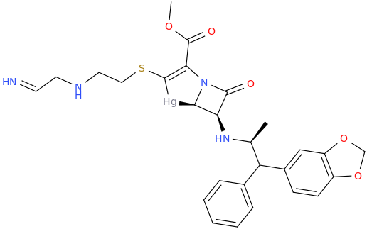 (2S,5R,6R)-3-(%7B2-[(iminoethyl)amino]ethyl%7Dthio)-2-carbomethoxy-4-mercura-6-(%7B[3-phenyl-3-(3,4-methylenedioxyphenyl)-prop-2-yl]amino%7D)-7-oxo-1-azabicyclo[3.2.0]hept-2-ene.png