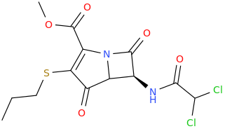 (6S)-2-carbomethoxy-3-propylthio-6-(dichloroacetamido)-4,7-dioxo-1-azabicyclo[3.2.0]hept-2-ene.png