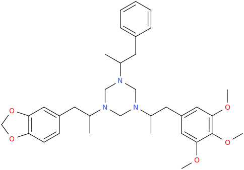 1-(2-(3,4-methylenedioxyphenyl)-1-methylethyl)-3-(2-phenyl-1-methylethyl)-5-(2-(3,4,5-trimethoxyphenyl)-1-methylethyl)-1,3,5-triazacyclohexane.png
