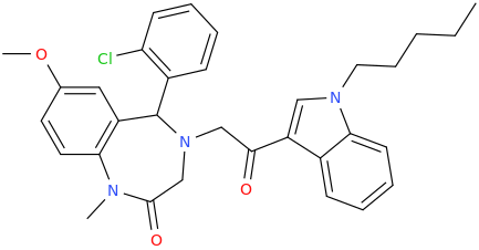 1-methyl-1,4-dihydro-7-methoxy-4-(2-(1-pentylindole-3-yl)-2-oxoethyl)-5-(2-chlorophenyl)-1,4-benzodiazepine-2-one.png