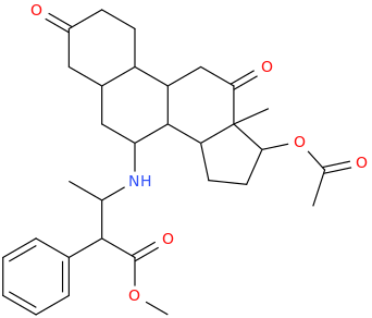 12-oxo-7-(2-phenyl-2-carbomethoxy-1-methyl-ethyl)amino-17-acetoxy-13-methyl-1,2,3,5,6,7,8,9,11,12,14,15,16,17-tetradecahydrocyclopenta[a]phenanthrene-3-one.png