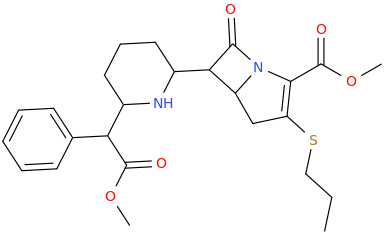6-(3-(1-carbomethoxy-1-phenylmethyl)-2-azacyclohexyl)-3-propylthio-2-carbomethoxy-7-oxo-(azabicyclo[3.2.0]hept-2-ene).png