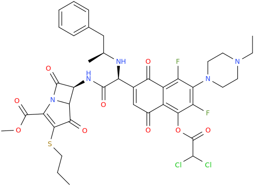 N-((1S,2S)-(2-phenyl-1-methylethylamino)-1-oxo-2-(5-(2,2-dichloroacetoxy)-6,8-difluoro-7-(1-ethylpiperazin-4-yl)-1,4-dioxonaphthalene-2-yl)ethyl)-N-((6S)-2-carbomethoxy-3-propylthio-4,7-dioxo-1-azabicyclo[3.2.0]hept-2-ene-6-yl)amine.png