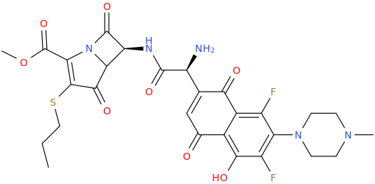 N-((2S)-amino-1-oxo-2-(5-hydroxy-6,8-difluoro-7-(1-methylpiperazin-4-yl)-1,4-dioxonaphthalene-2-yl)ethyl)-N-((6S)-2-carbomethoxy-3-propylthio-4,7-dioxo-1-azabicyclo[3.2.0]hept-2-ene-6-yl)amine.png