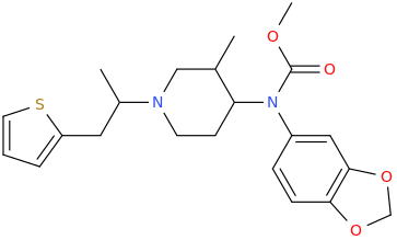 N-(1-(2-(thiophene-2-yl)-1-methylethyl)-3-methylpiperidin-4-yl)-N-(3,4-methylenedioxyphenyl)-N-carbomethoxyamine.png