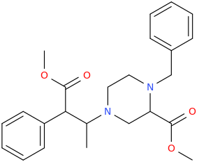 N-benzyl-2-carbomethoxy-4-(2-phenyl-1-methyl-2-carbomethoxyethyl)-piperazine.png
