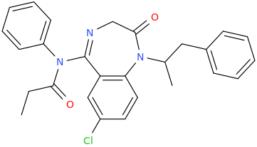 N-phenyl-N-(1-oxopropyl)-N-((7-chloro-1,3-dihydro-1-(1-methyl-2-phenylethyl)-1,4-benzodiazepin-2-one-5-yl))-amine.png