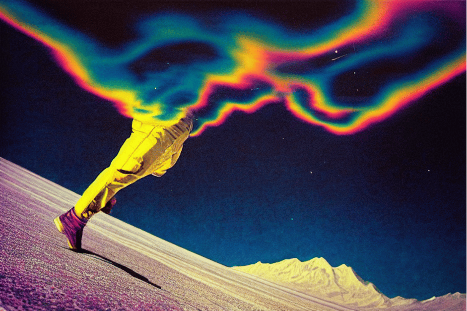 Two legs attached to an absent torso in the middle of rainbow clouds, being lifted off the ground, with white mountains in the background. Two legs attached to an absent torso in the middle of rainbow clouds, being lifted off the ground, with white mountains in the background.
